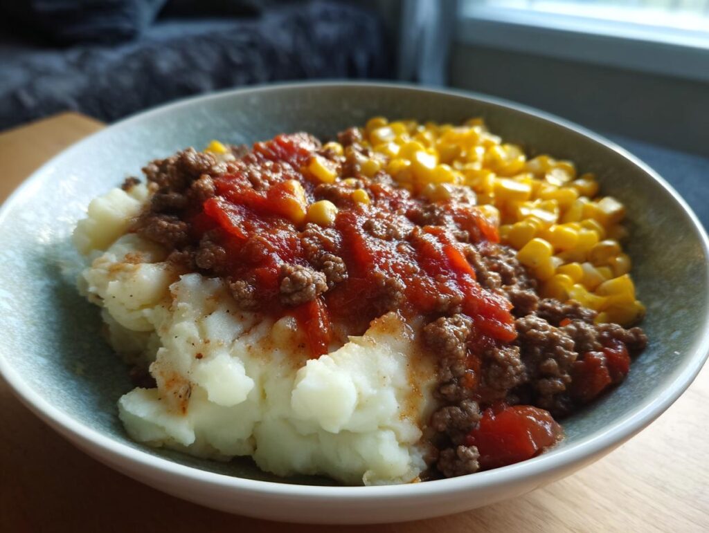 Bowl of easy comfort food dinners with mashed potatoes, ground beef in tomato sauce, and corn.