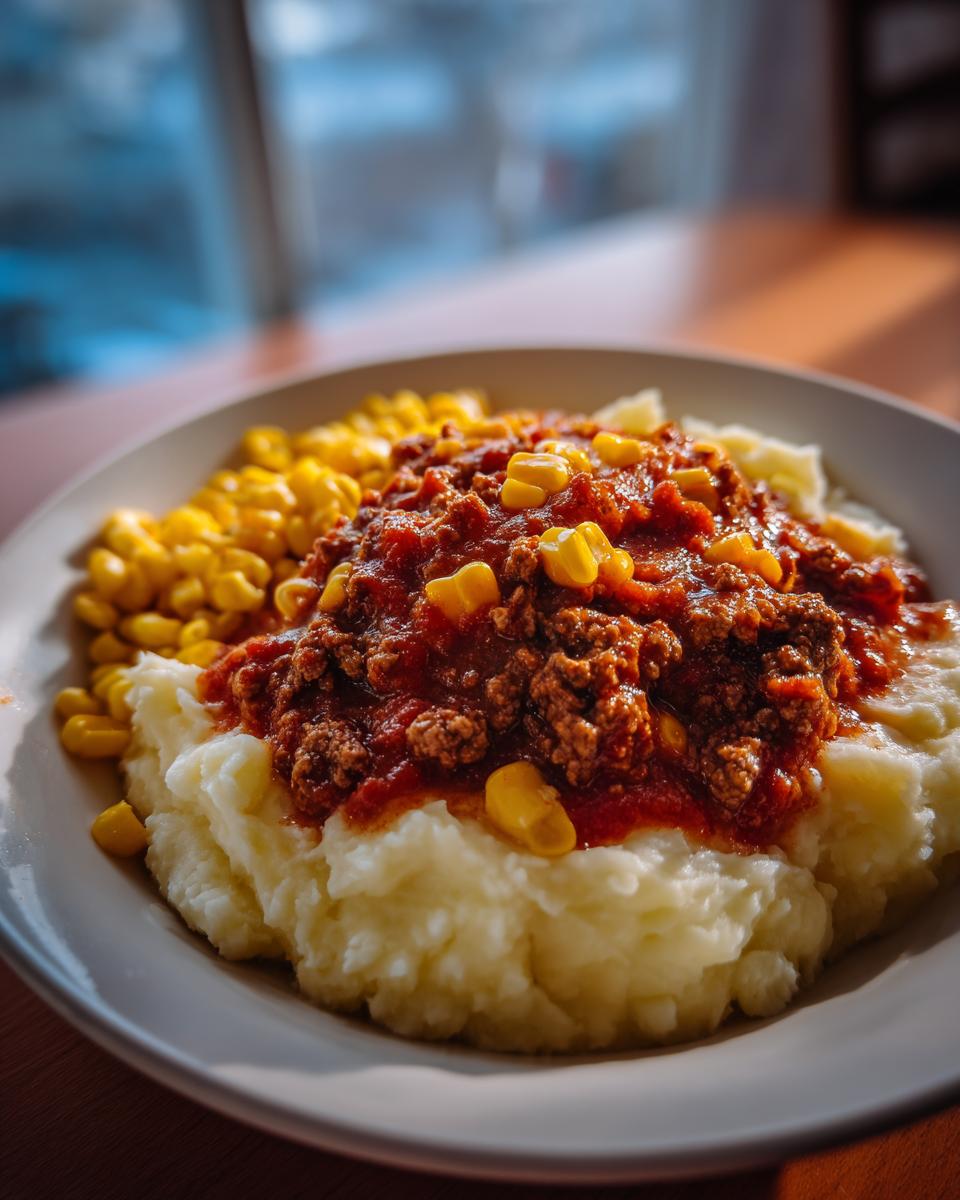 Plate of mashed potatoes topped with beef and tomato sauce, served with corn on the side, easy comfort food dinners