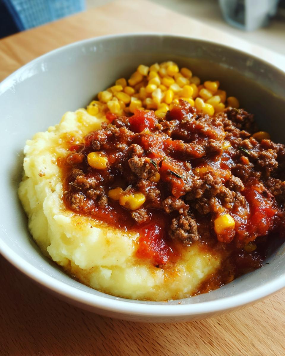 Bowl of mashed potatoes topped with ground beef tomato sauce and corn, an easy comfort food dinner