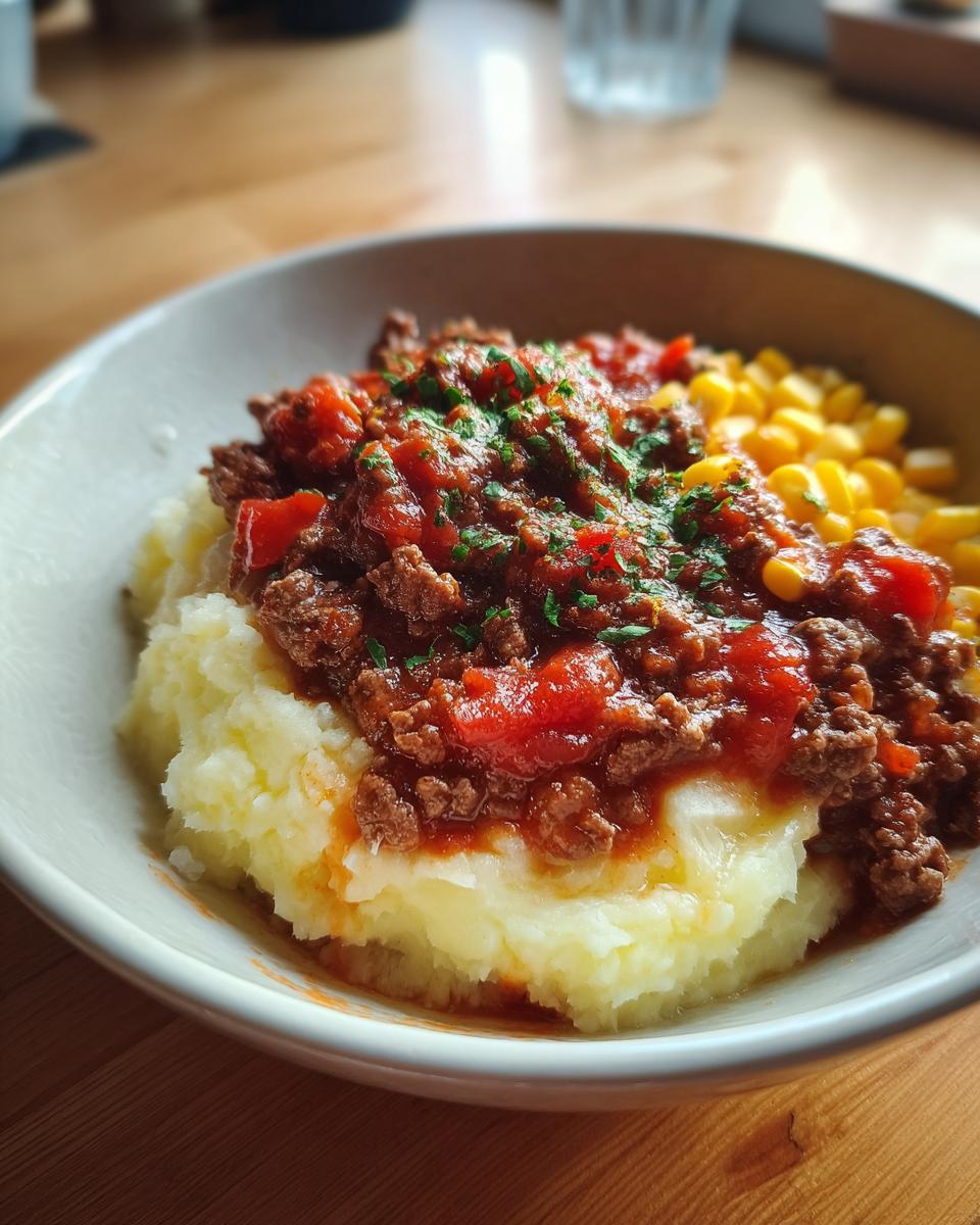 Bowl of easy comfort food dinners with mashed potatoes, beef chili, and corn