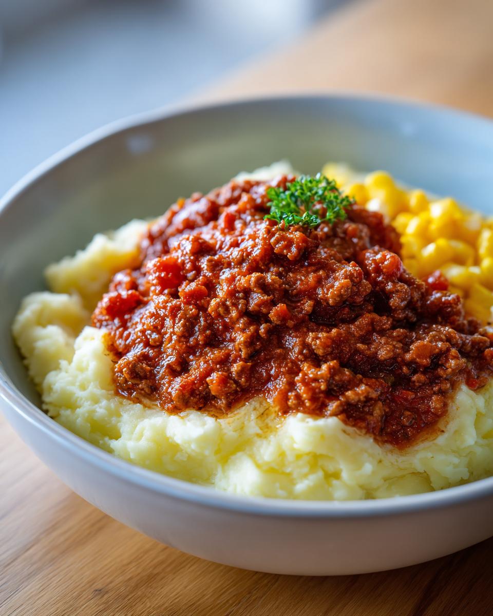 Bowl of mashed potatoes topped with rich meat sauce and a side of corn, garnished with parsley.