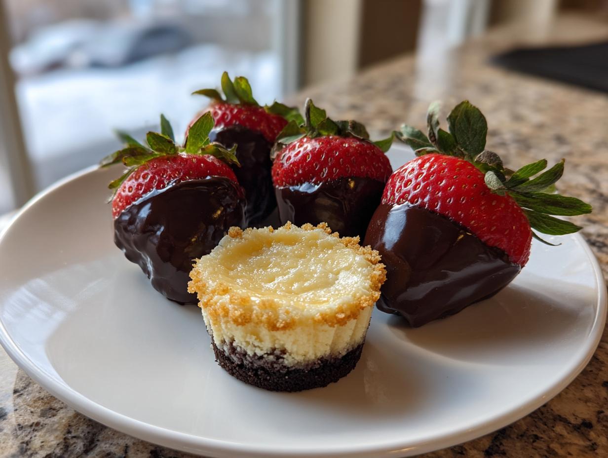 Plate with chocolate dipped strawberries and a mini cheesecake, showcasing easy finger food desserts.
