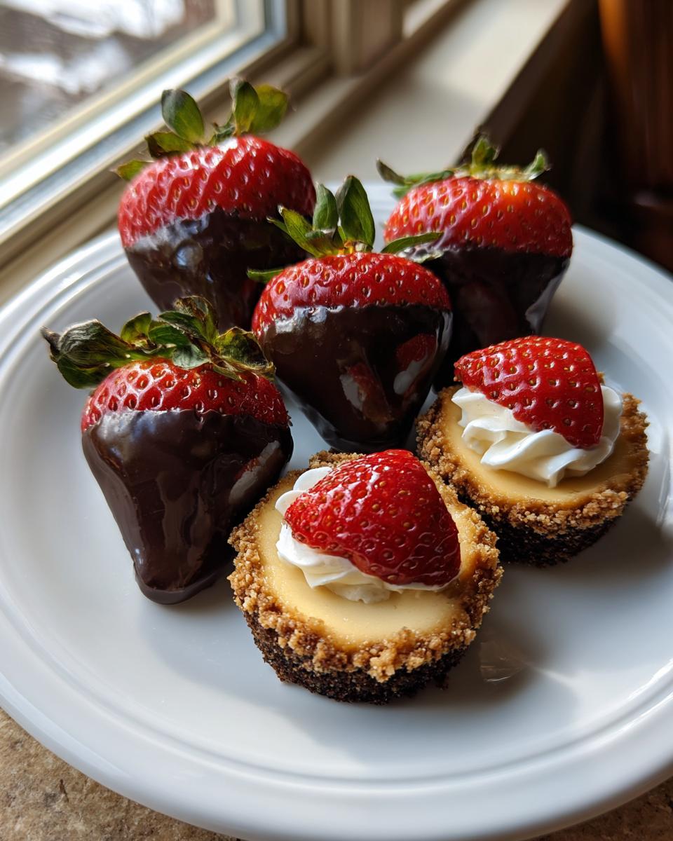 Plate with chocolate covered strawberries and mini cheesecakes topped with strawberries and whipped cream