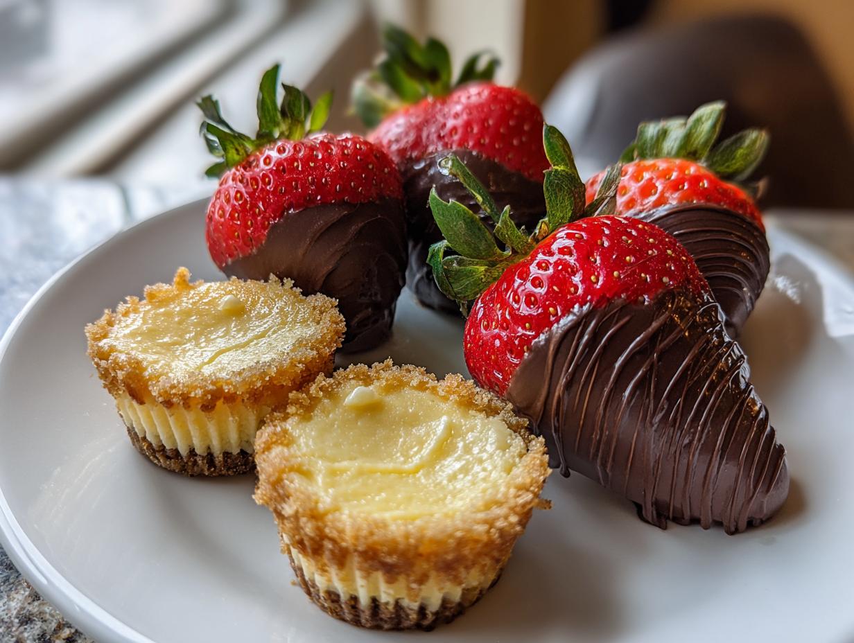 Plate with chocolate-covered strawberries and mini cheesecakes, perfect easy finger food desserts.