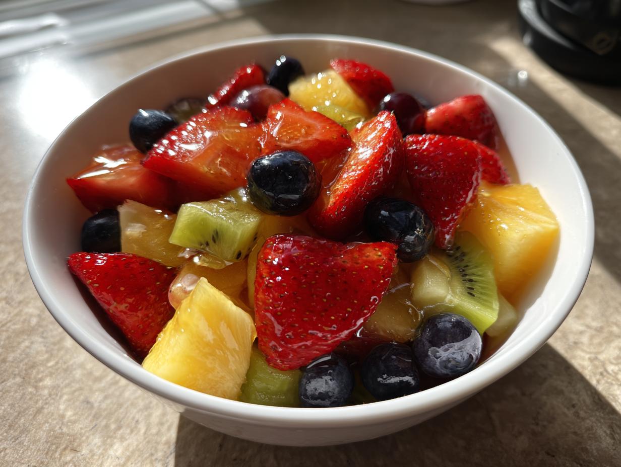 Bowl of easy fruit based desserts with strawberries, blueberries, kiwi, and pineapple pieces.