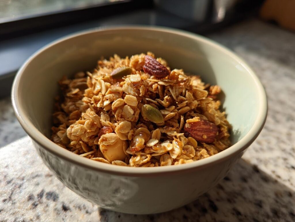 Close-up of a bowl filled with easy granola snack recipes including oats, nuts, and seeds.