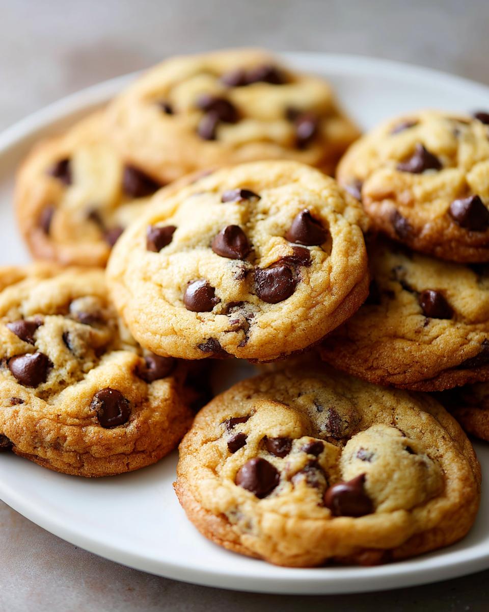 Plate of golden brown easy homemade chocolate chip cookies with melted chocolate chips.