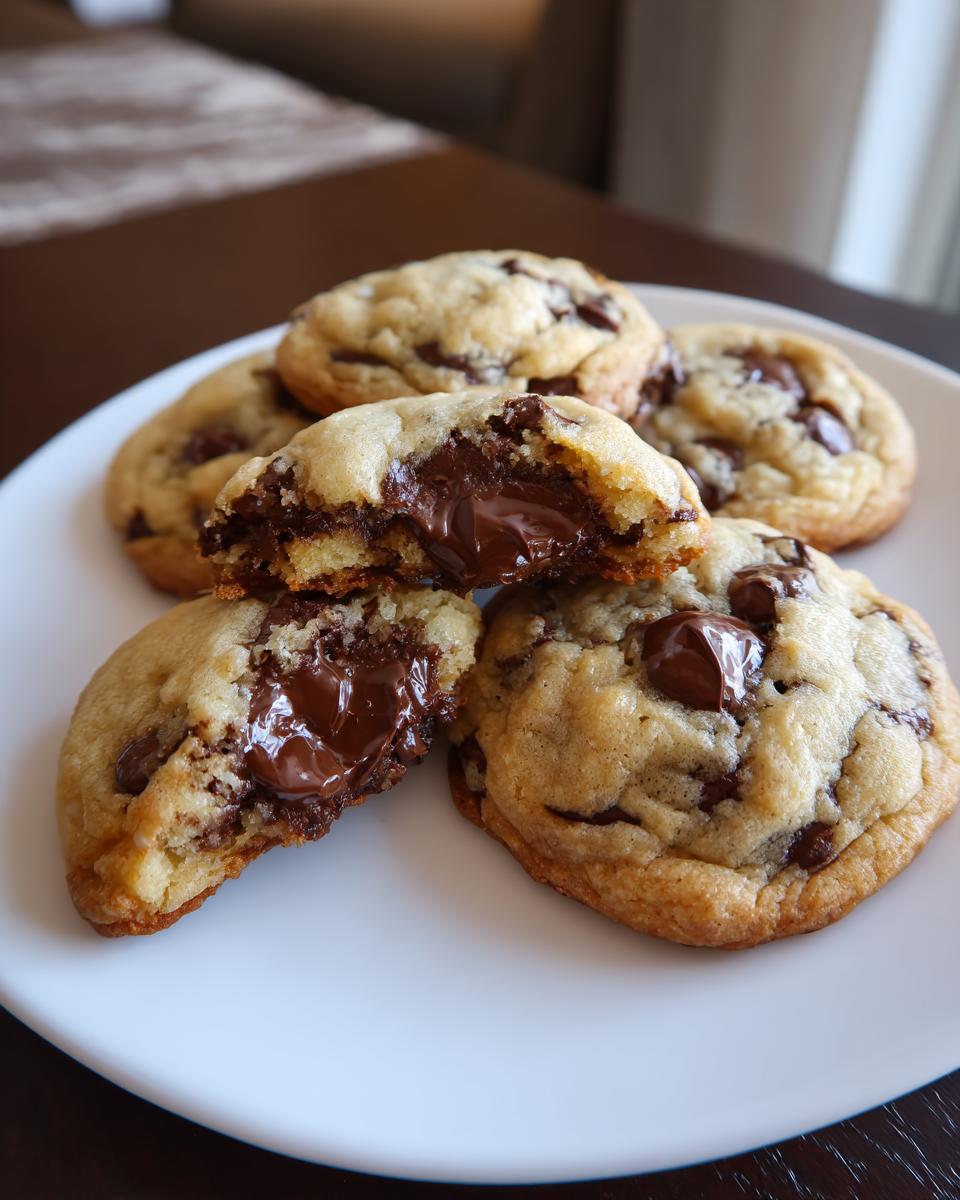 Plate of easy homemade desserts with chocolate chip cookies, one broken showing melted chocolate inside.