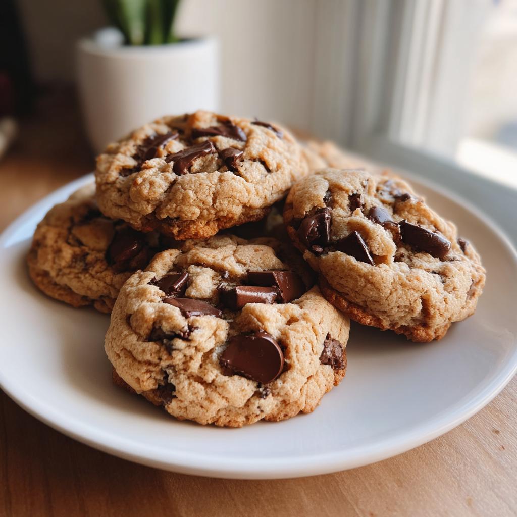 Close-up of easy homemade desserts chocolate chip cookies stacked on a white plate.