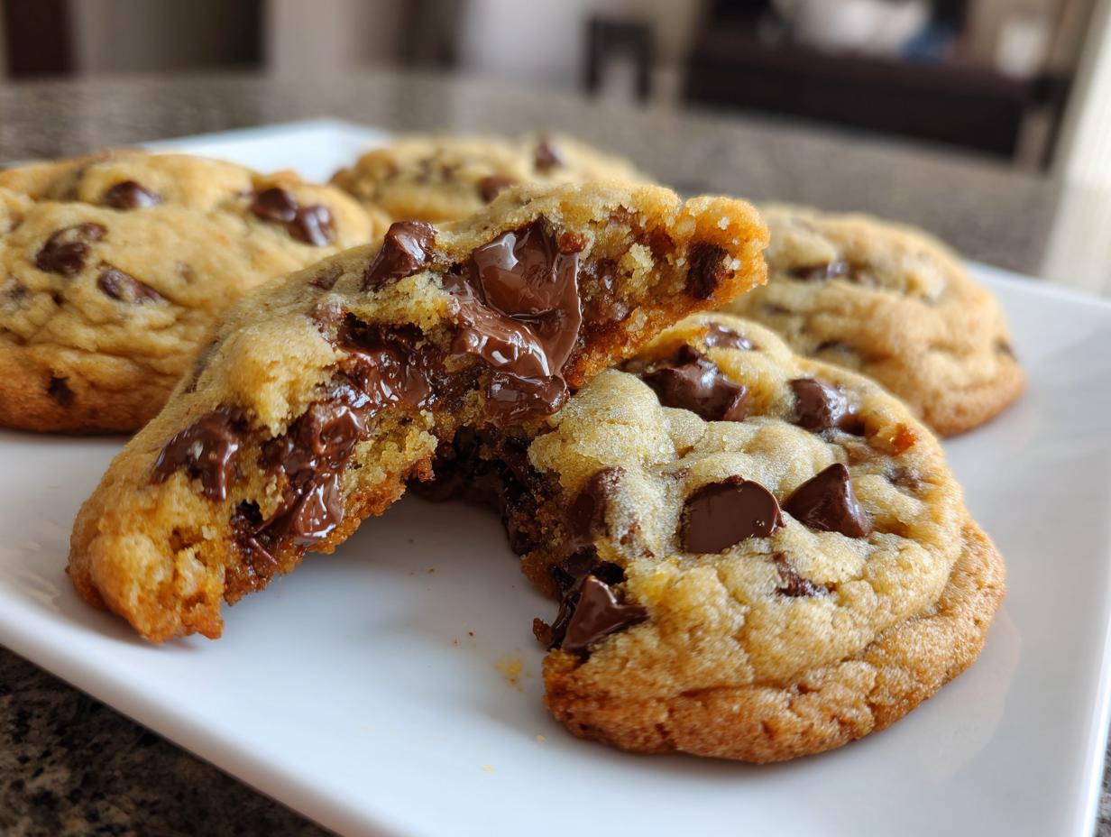 Close-up of easy homemade desserts chocolate chip cookies with melted chocolate on a white plate