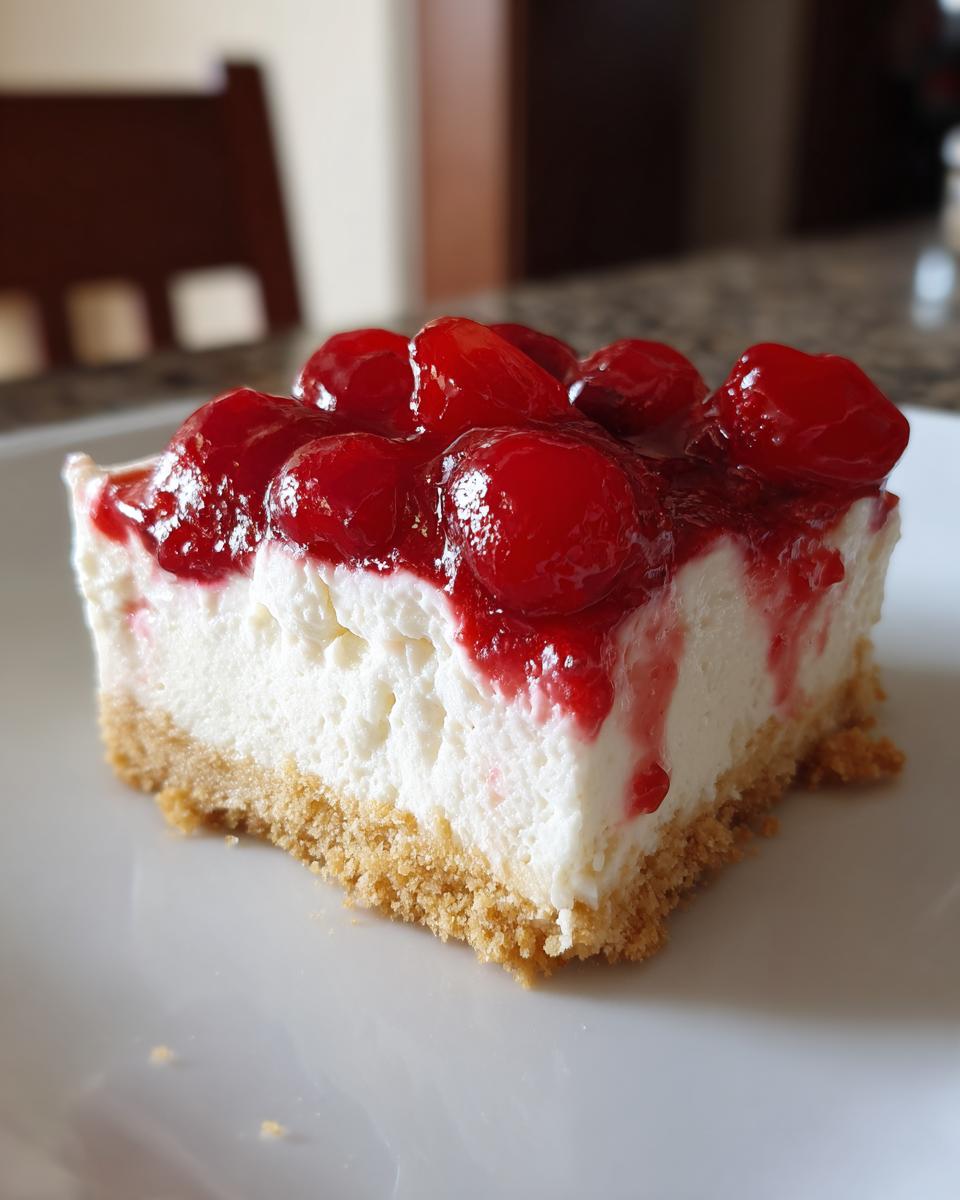 Slice of easy layered dessert with creamy white filling, graham cracker crust, and cherry topping