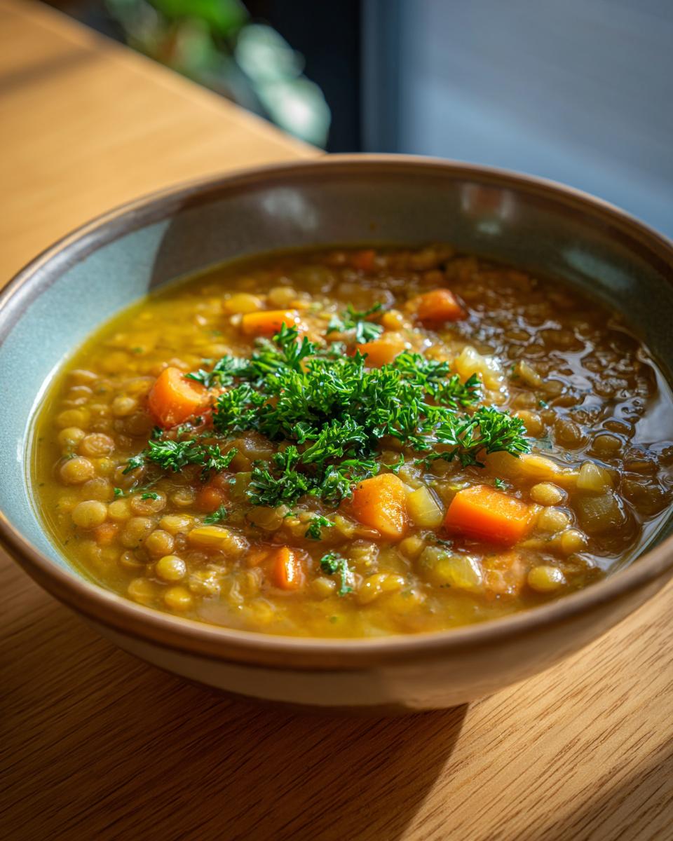 Bowl of easy lentil recipes soup with lentils, carrots, and fresh parsley on top.