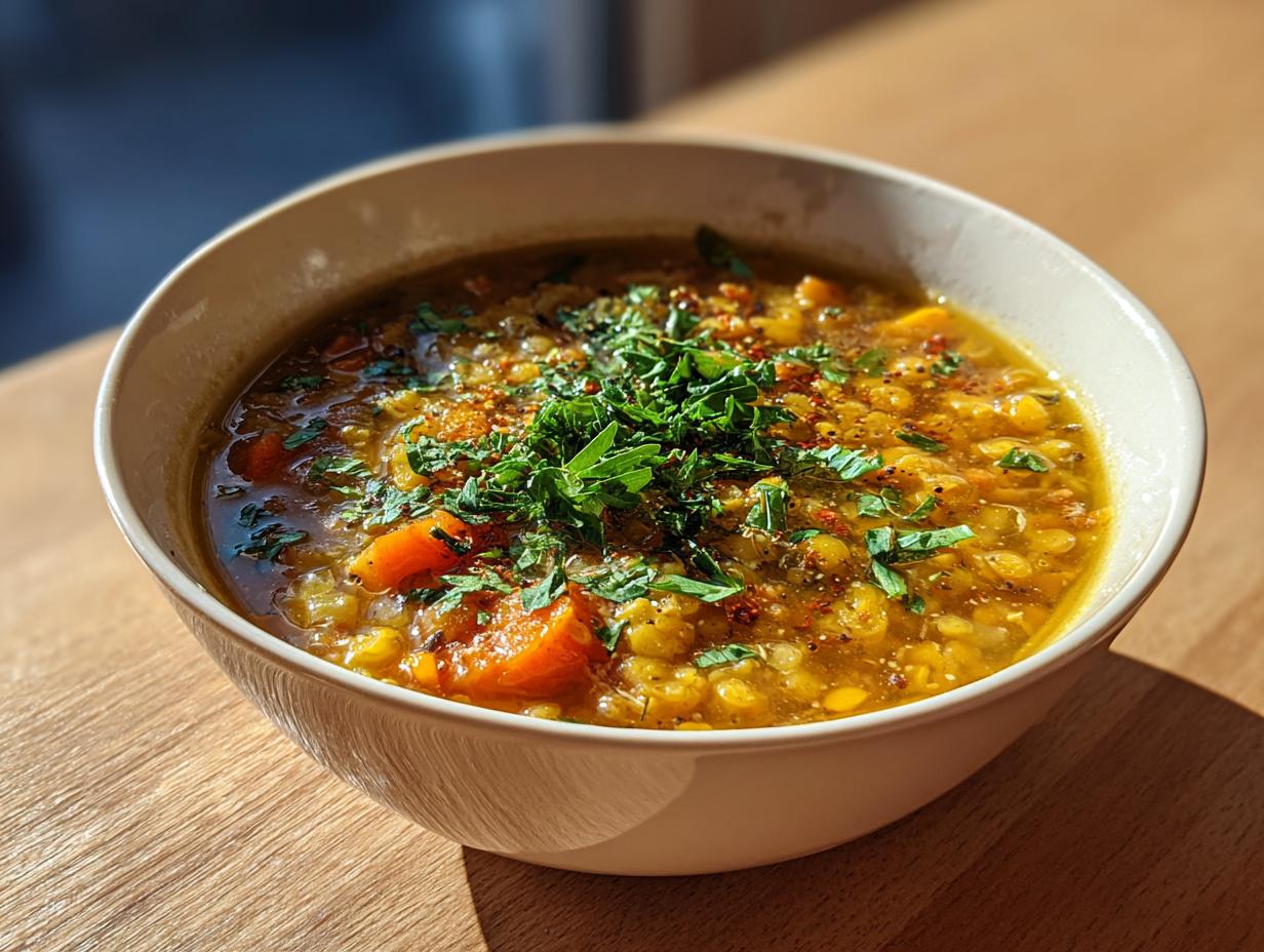 Bowl of easy lentil soup garnished with fresh herbs on wooden table.