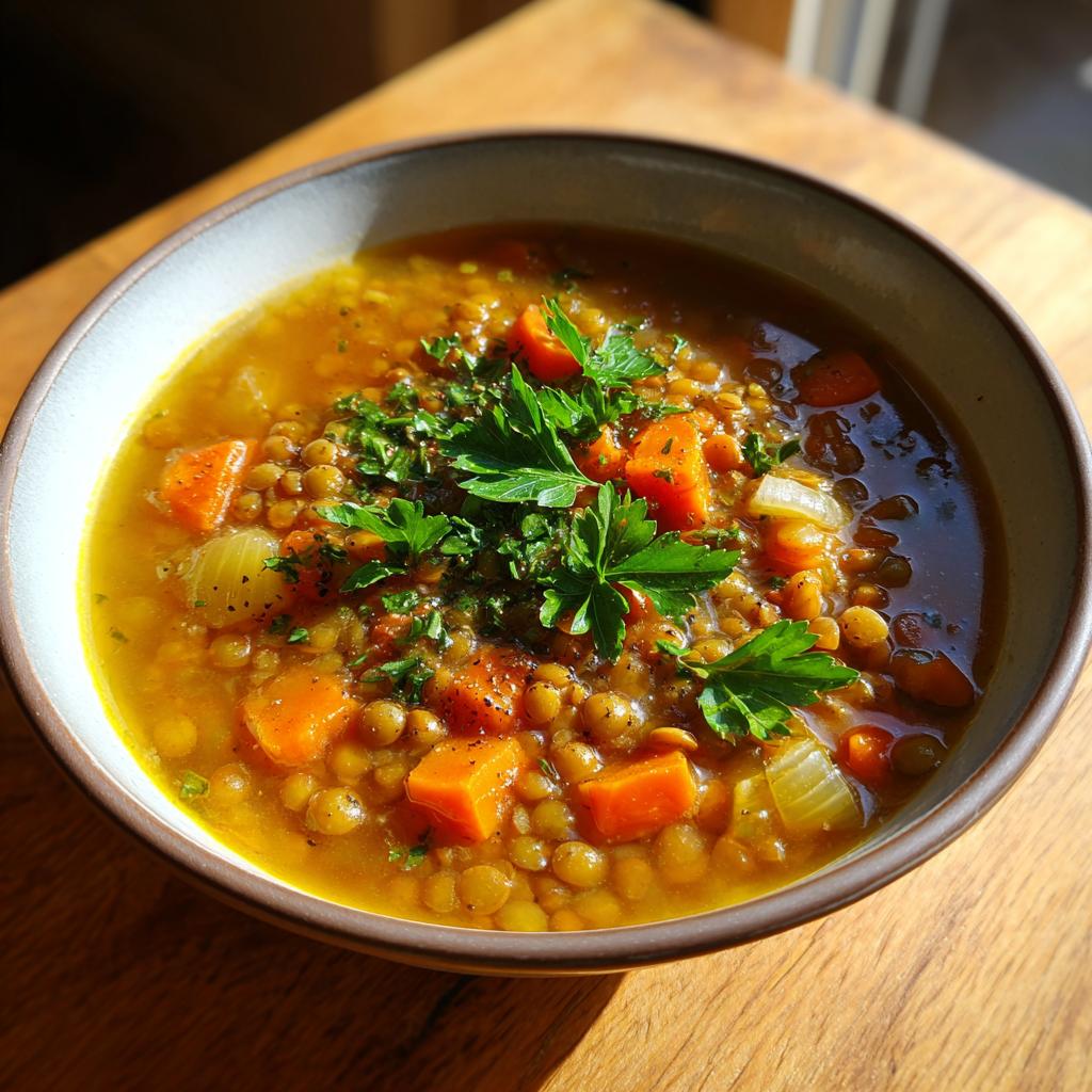 Bowl of easy lentil soup with carrots, onions, and fresh parsley on top.