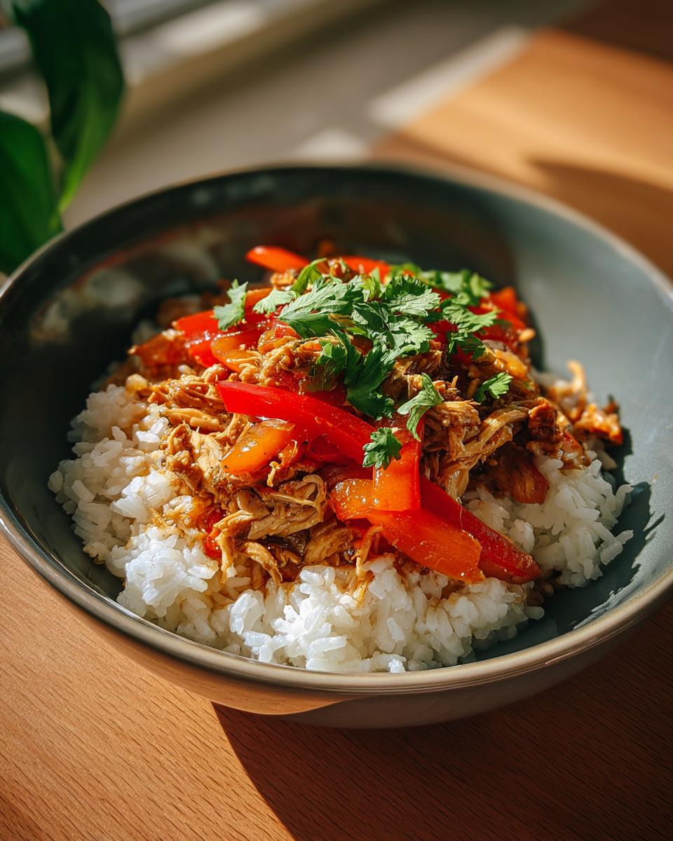 Bowl of white rice topped with shredded chicken, red bell peppers, and fresh cilantro for easy rice bowl dinners