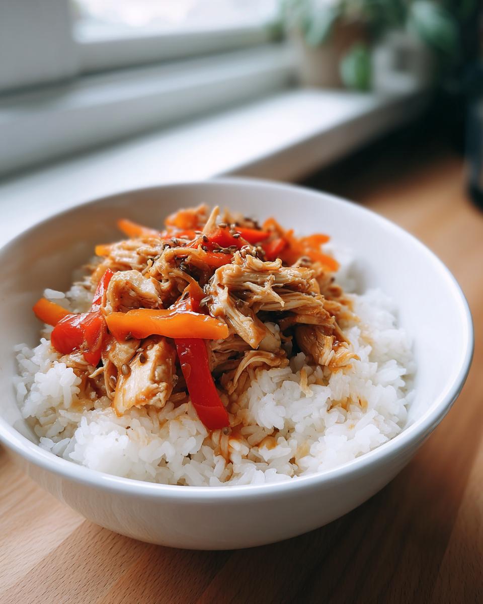 White bowl filled with rice topped with shredded chicken and red bell peppers for easy rice bowl dinners