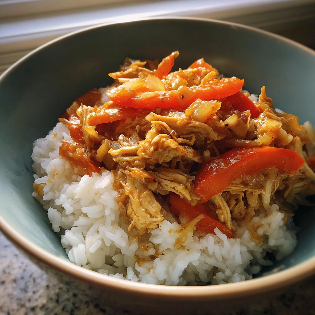 Bowl of white rice topped with shredded chicken and red bell peppers for easy rice bowl dinners