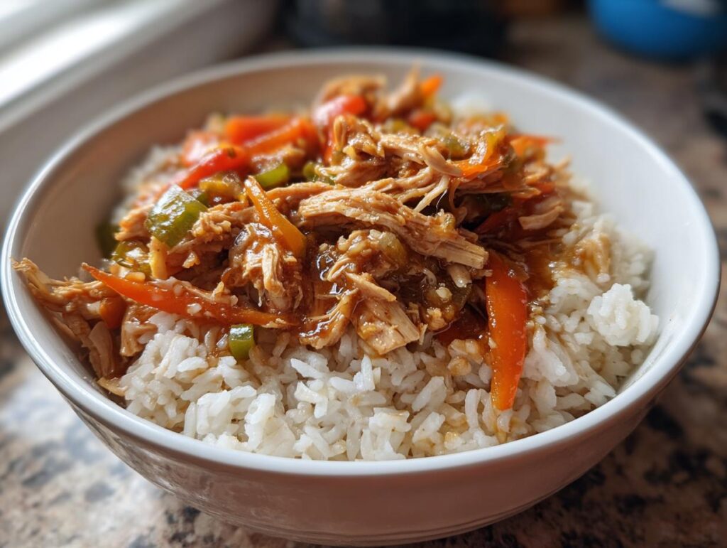 Bowl of easy rice bowl dinners with shredded chicken, carrots, and green peppers over white rice.