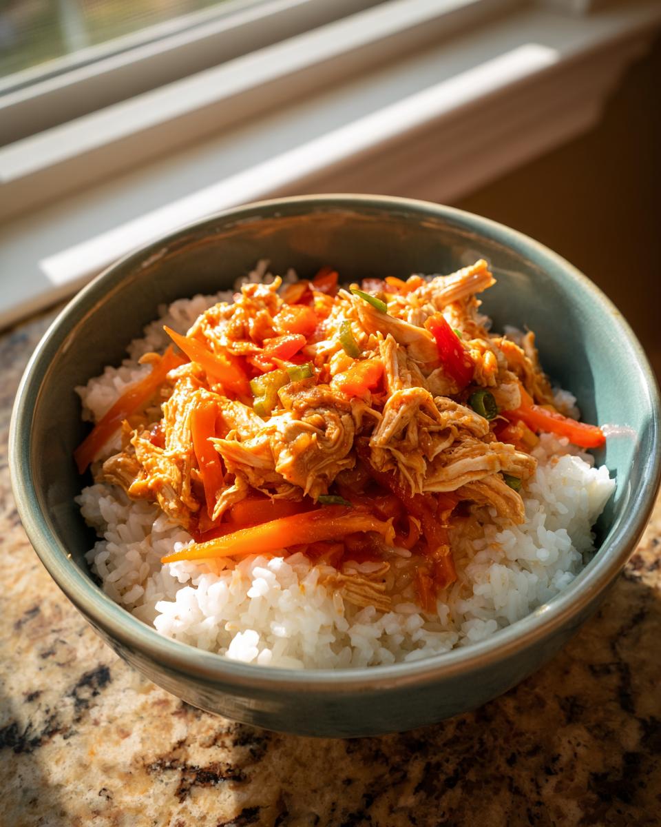 Bowl of white rice topped with shredded chicken and mixed vegetables for easy rice bowl dinners.