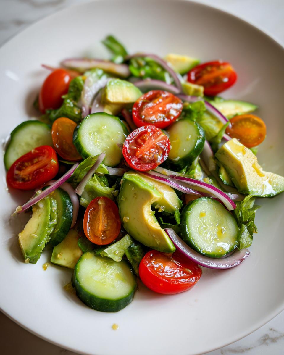 Plate of easy side dish salad with cucumber, cherry tomatoes, avocado, red onion, and lettuce.