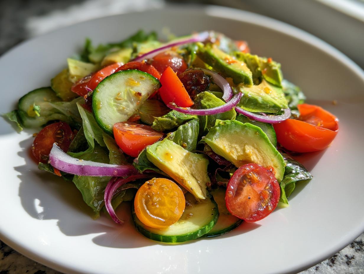 Plate of easy side dish salad with avocado, cherry tomatoes, cucumber, red onion, and greens.