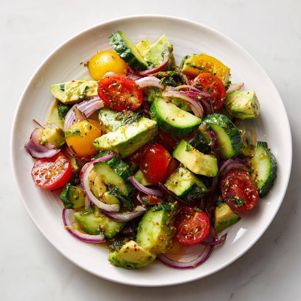 Colorful easy side dish salad recipes with cucumber, cherry tomatoes, red onion, and herbs on a white plate.