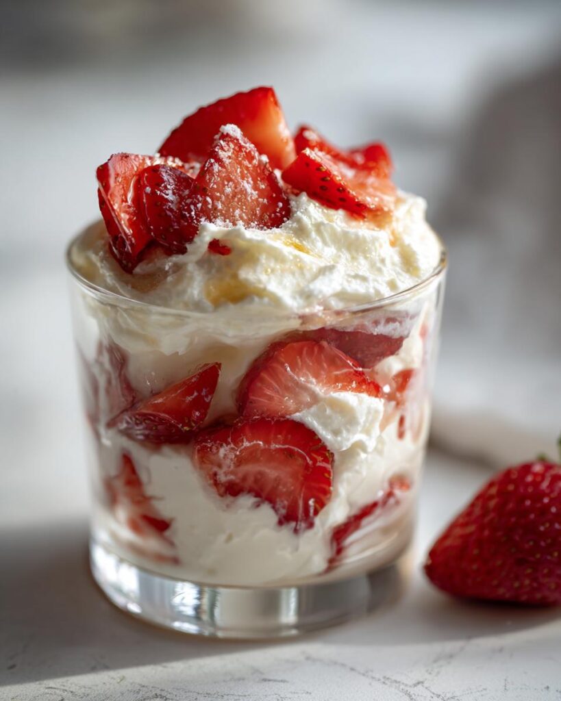 Glass cup filled with whipped cream and fresh sliced strawberries, an easy strawberry dessert idea