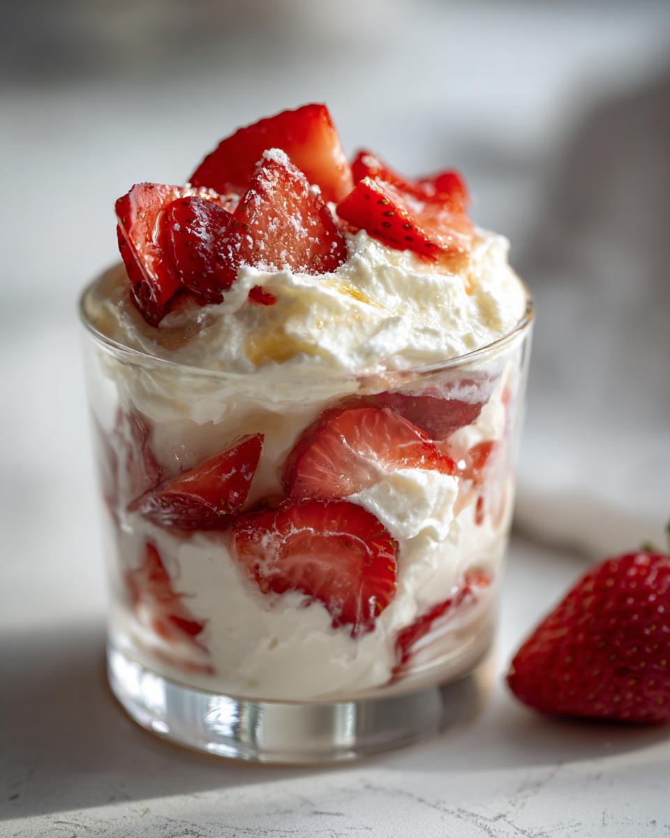 Glass cup filled with whipped cream and fresh sliced strawberries, an easy strawberry dessert idea