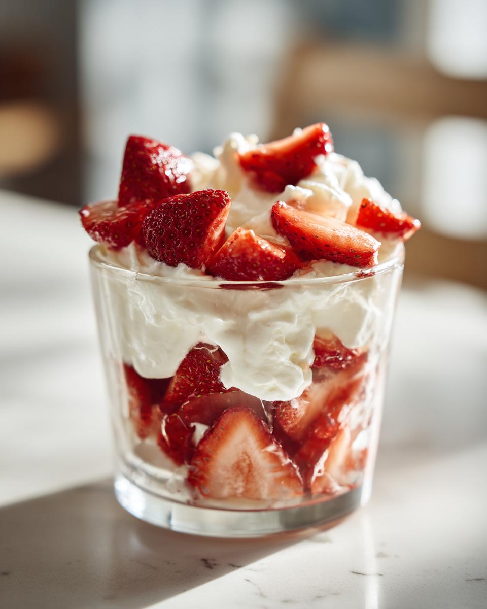 Glass cup filled with fresh sliced strawberries and whipped cream dessert