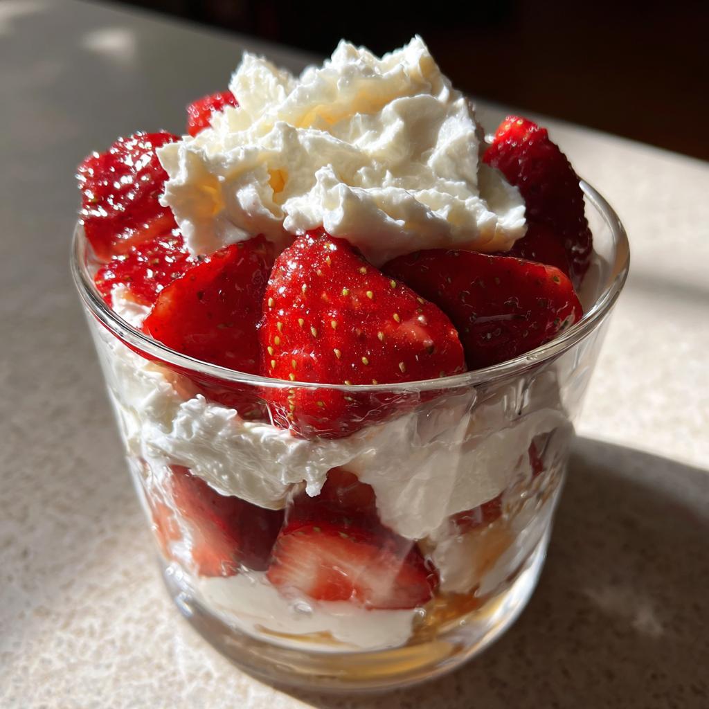 Glass cup filled with fresh strawberries and whipped cream, an easy strawberry dessert idea