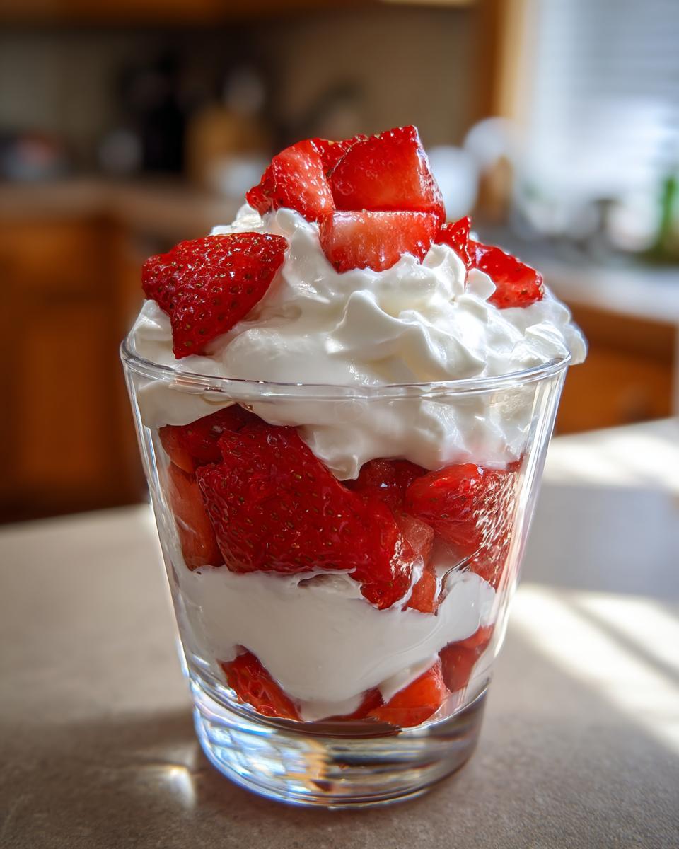 Glass filled with fresh strawberries and whipped cream, showcasing easy strawberry dessert ideas.