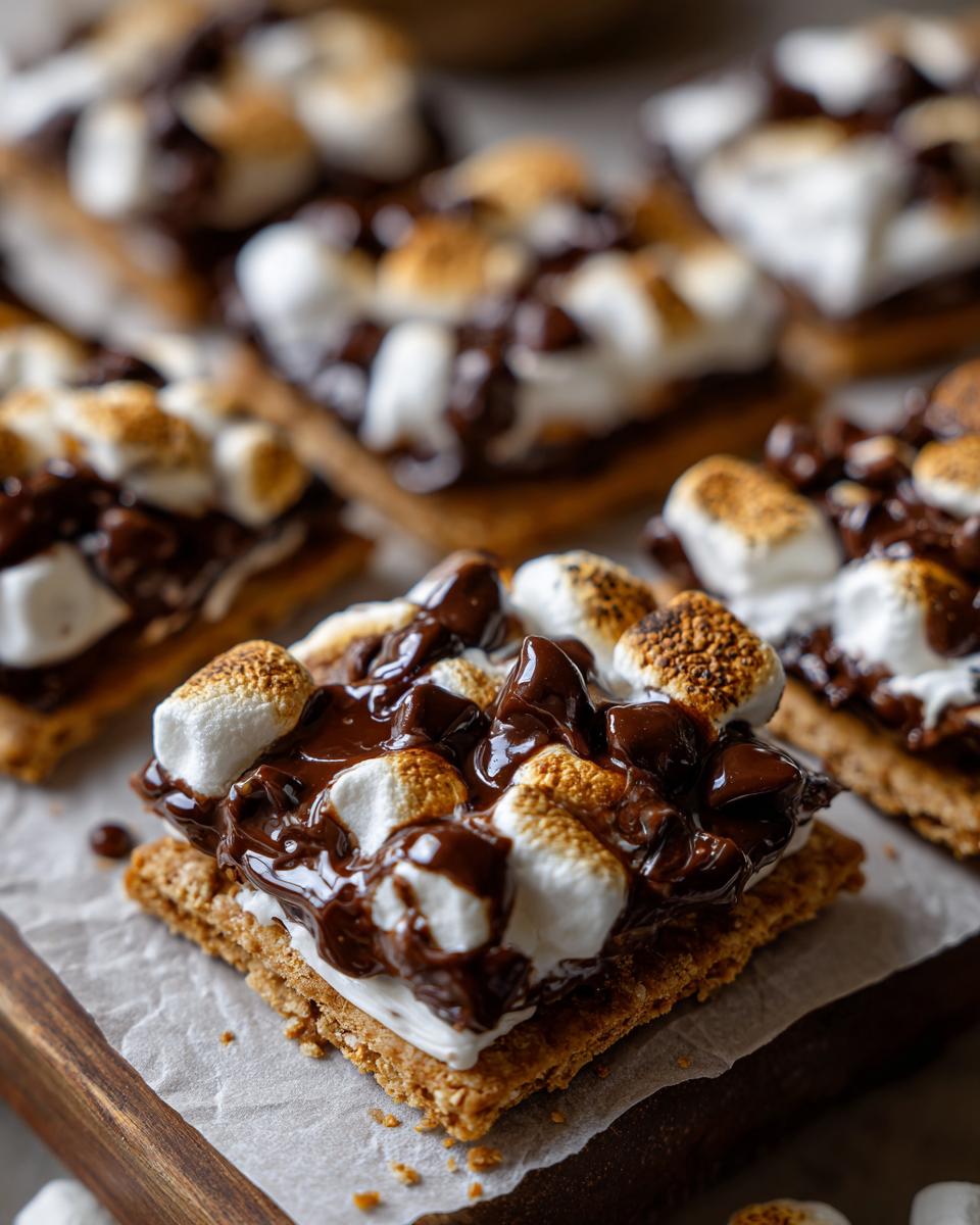 Close-up of easy sweet finger foods with toasted marshmallows and melted chocolate on graham crackers