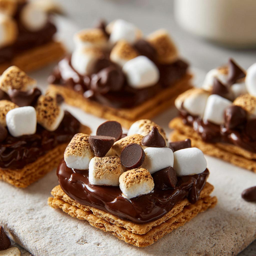 Close-up of easy sweet finger foods with toasted marshmallows and chocolate on graham crackers.