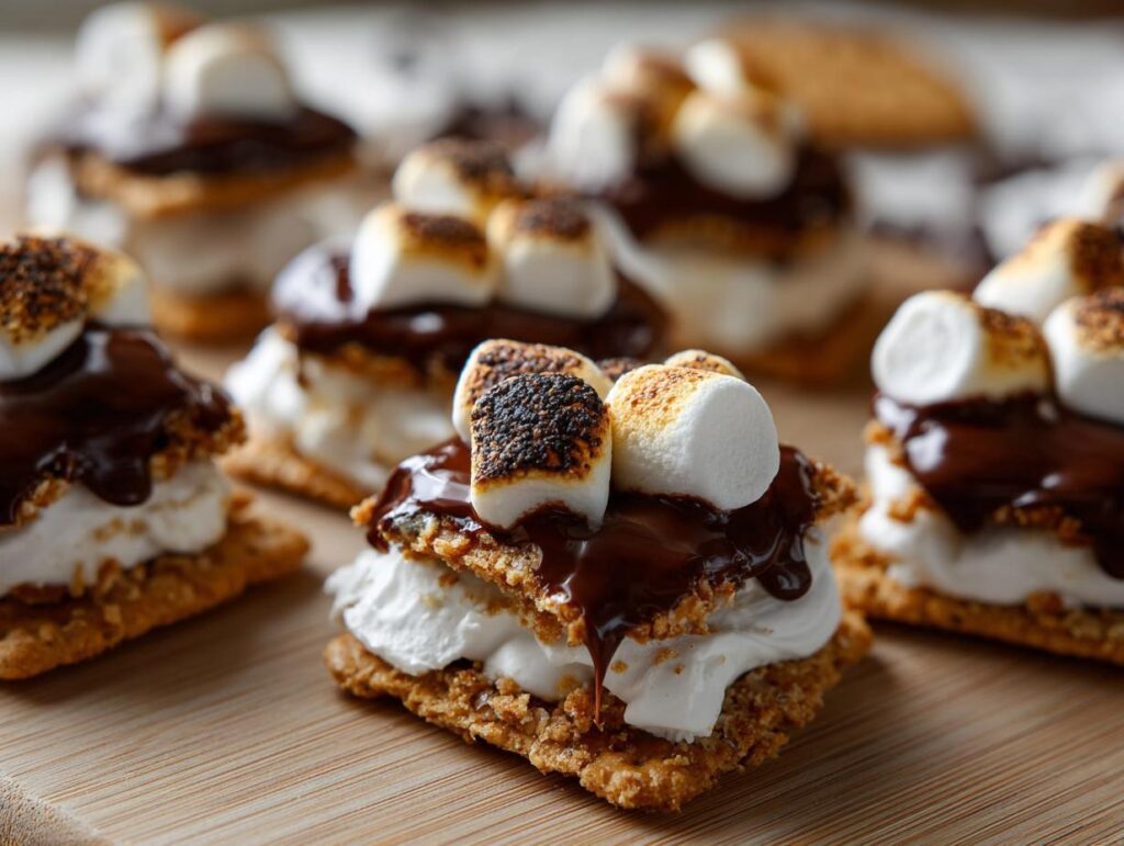 Close-up of easy sweet finger foods with toasted marshmallows, chocolate, and graham crackers.