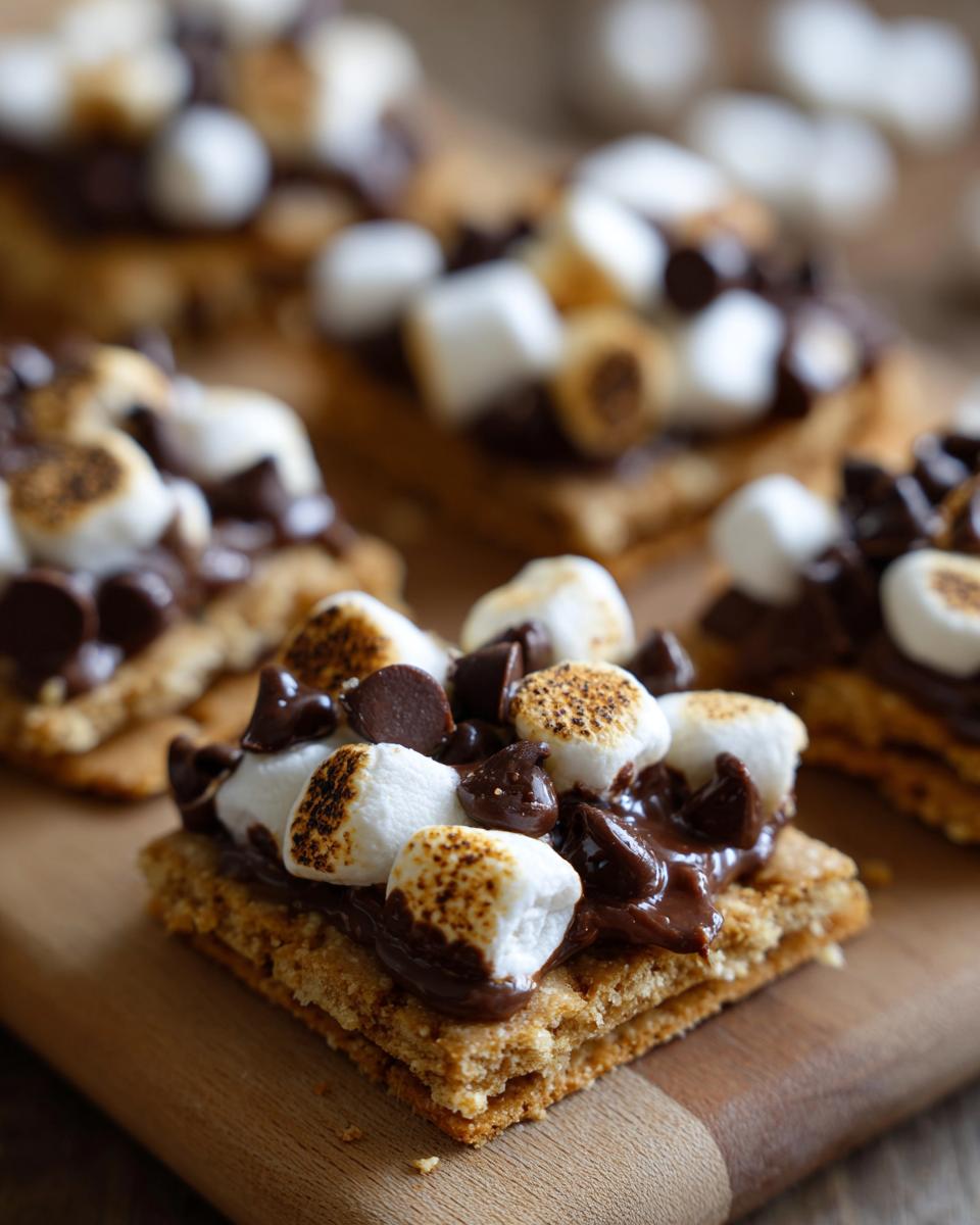 Close-up of easy sweet finger foods with toasted marshmallows and chocolate chips on graham crackers.