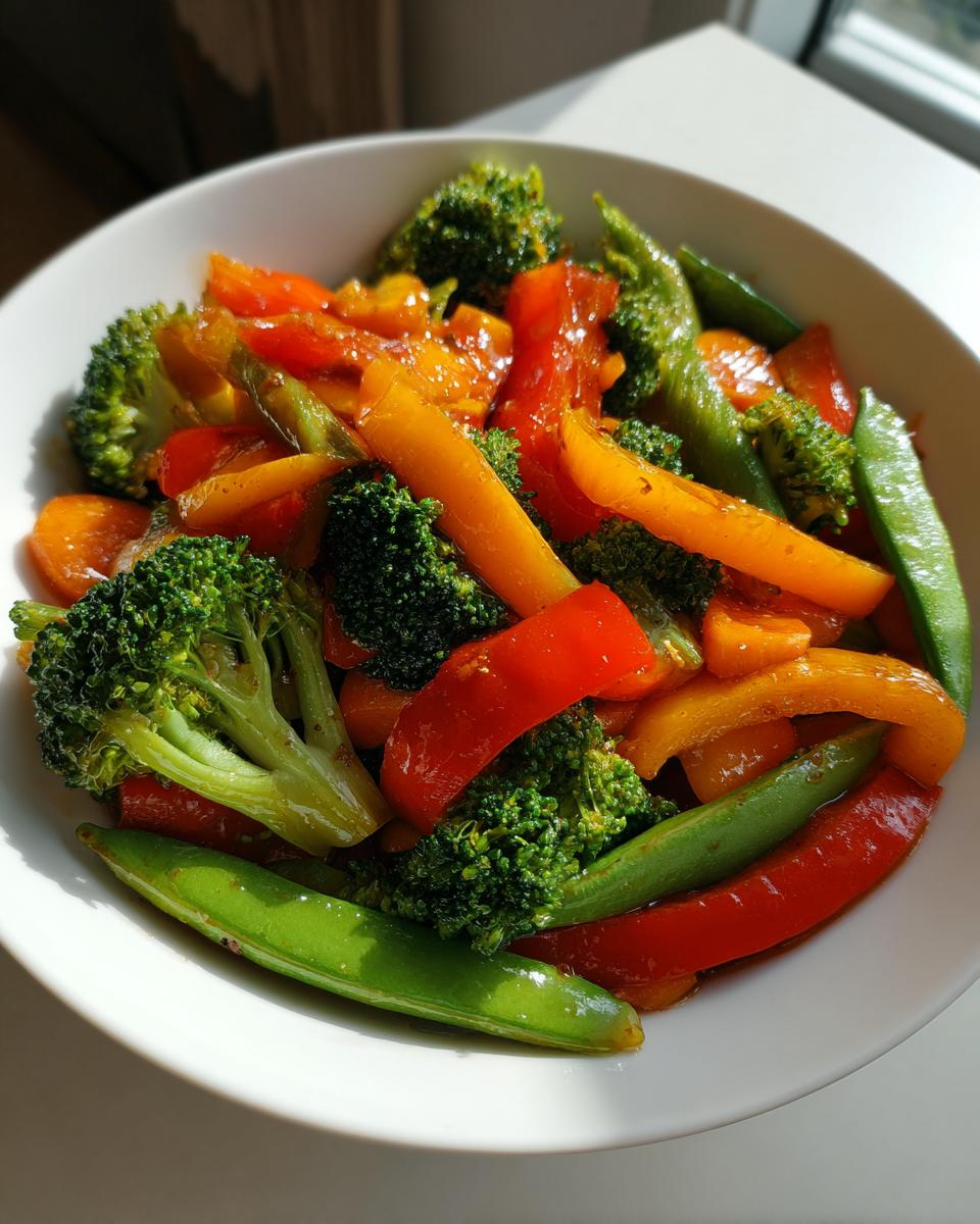 Bowl of easy vegetable stir fry with broccoli, bell peppers, and snap peas.