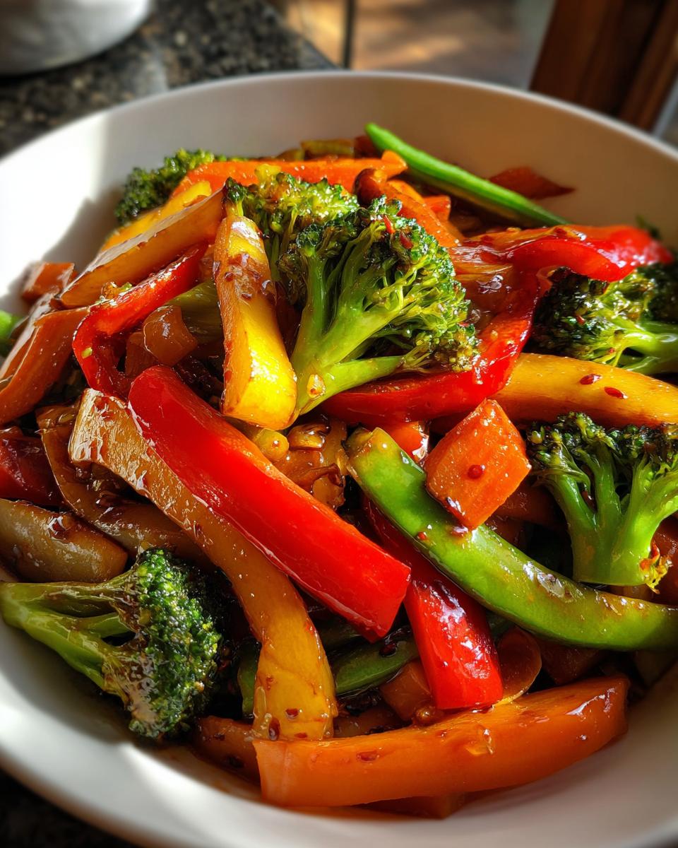Close-up of easy vegetable stir fry with broccoli, bell peppers, carrots, and snap peas in a white bowl