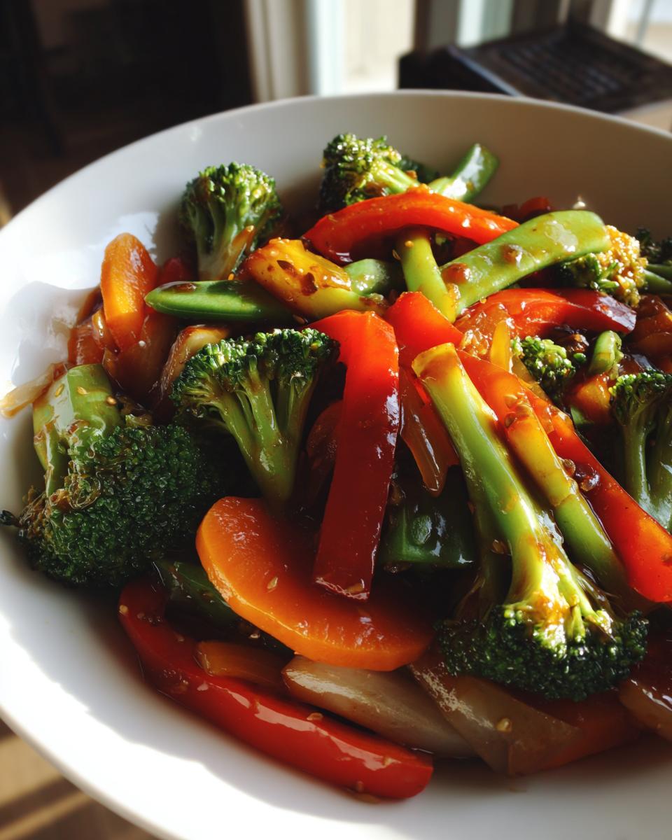 A bowl of easy vegetable stir fry with broccoli, red bell peppers, carrots, and snap peas.