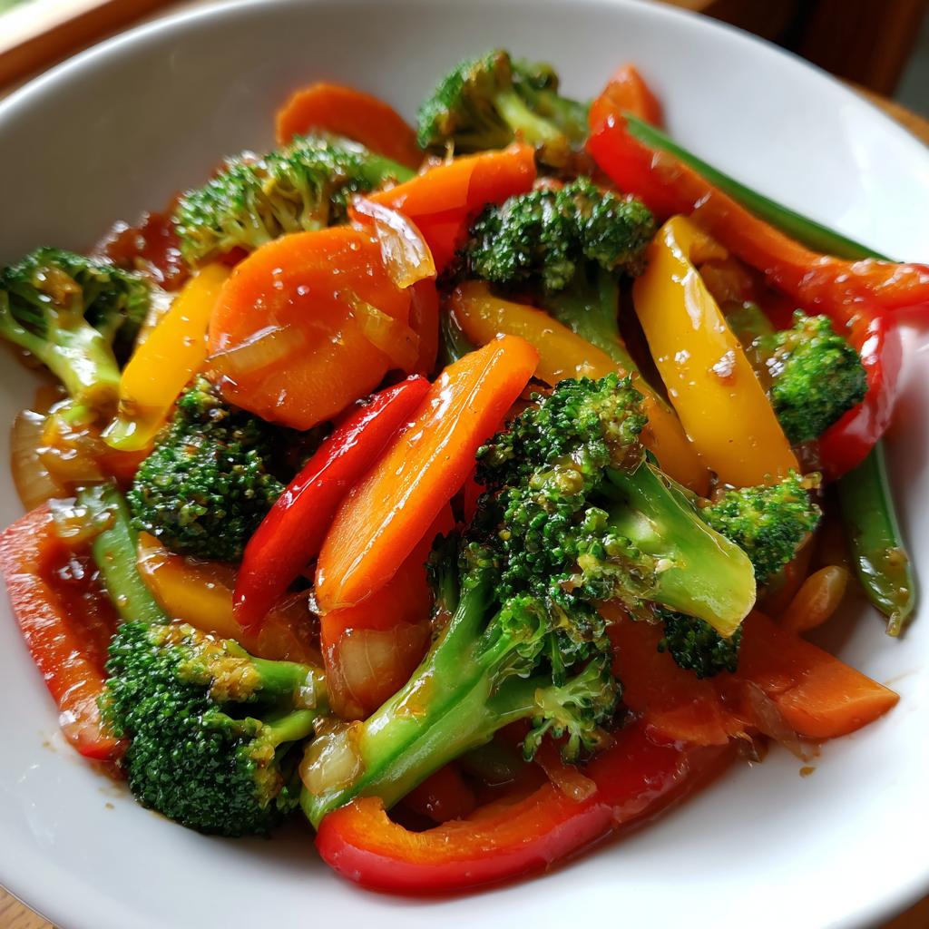 A bowl of easy vegetable stir fry with broccoli, carrots, and bell peppers.