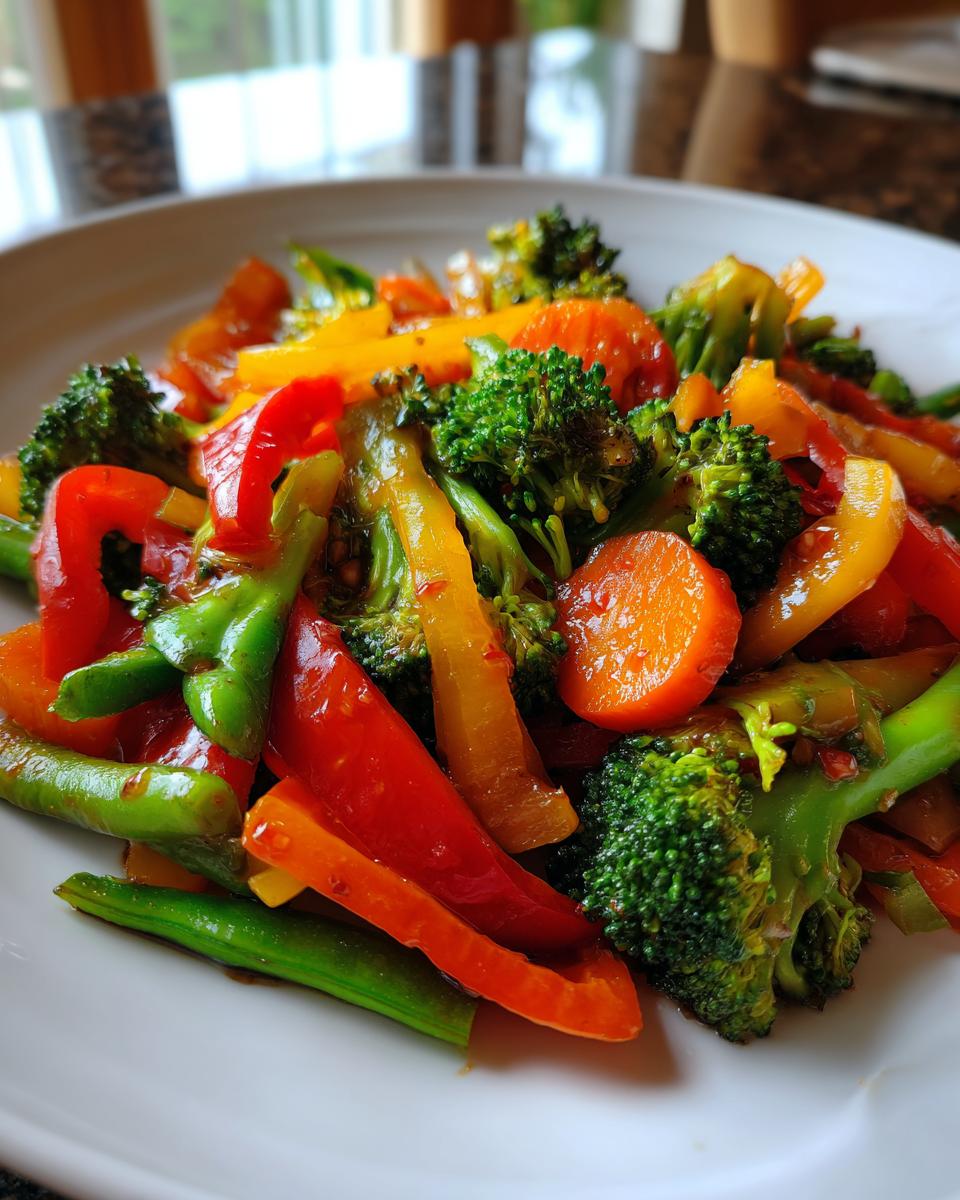 Plate of vibrant easy vegetable stir fry with broccoli, carrots, and bell peppers.