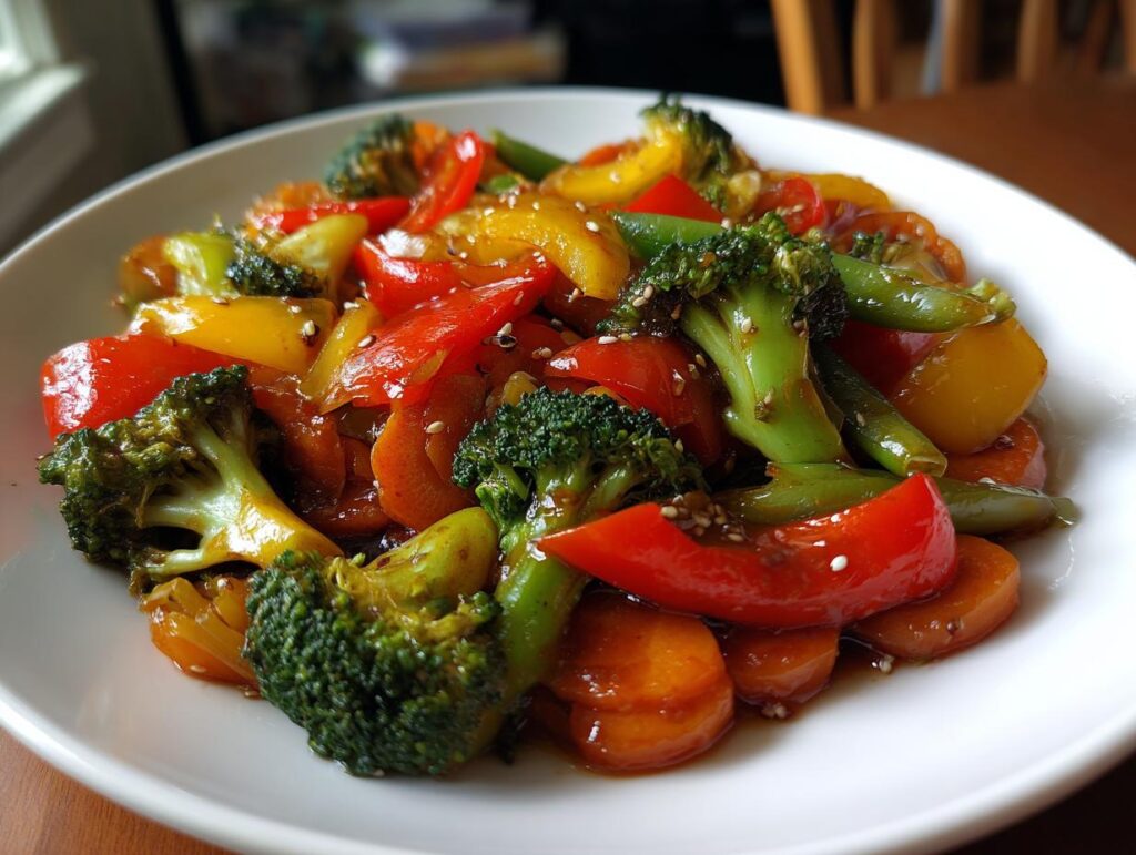 Easy vegetable stir fry with broccoli, bell peppers, carrots, and snap peas in sauce on white plate