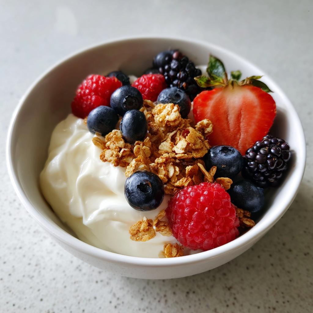 Bowl of creamy yogurt topped with fresh berries and granola, showcasing easy yogurt dessert recipes.