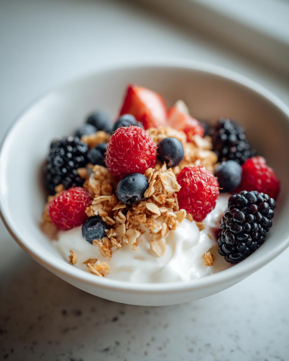 Bowl of easy yogurt dessert recipes topped with raspberries, blueberries, blackberries, and granola.