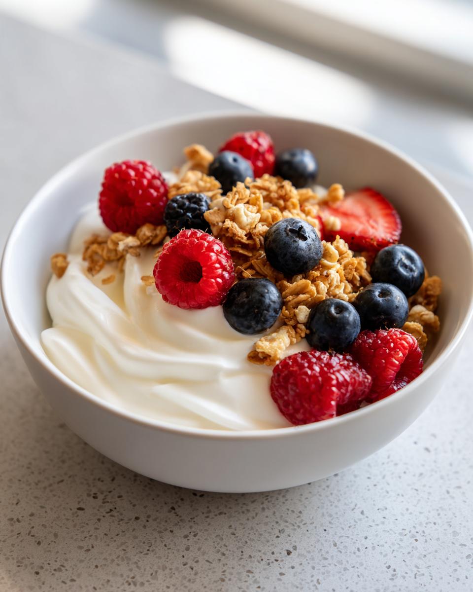 Bowl of creamy yogurt topped with fresh raspberries, blueberries, strawberries, and granola