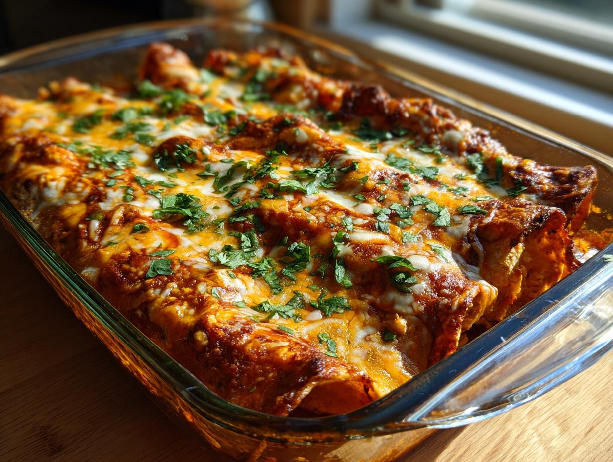Baked chicken enchiladas topped with melted cheese and fresh cilantro in a glass baking dish.