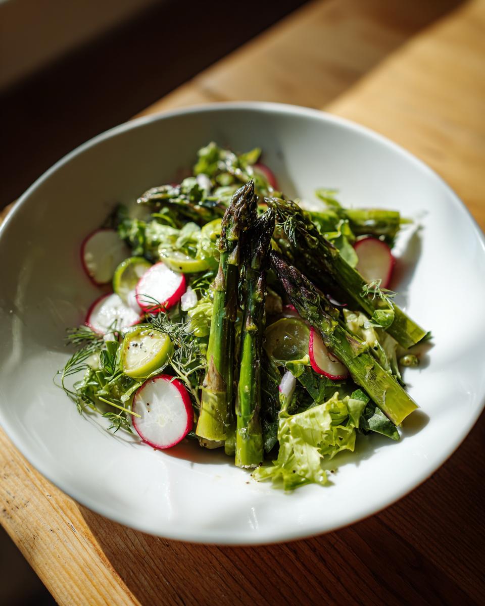 Plate of fresh asparagus salad with radishes and greens for April brunch side dishes