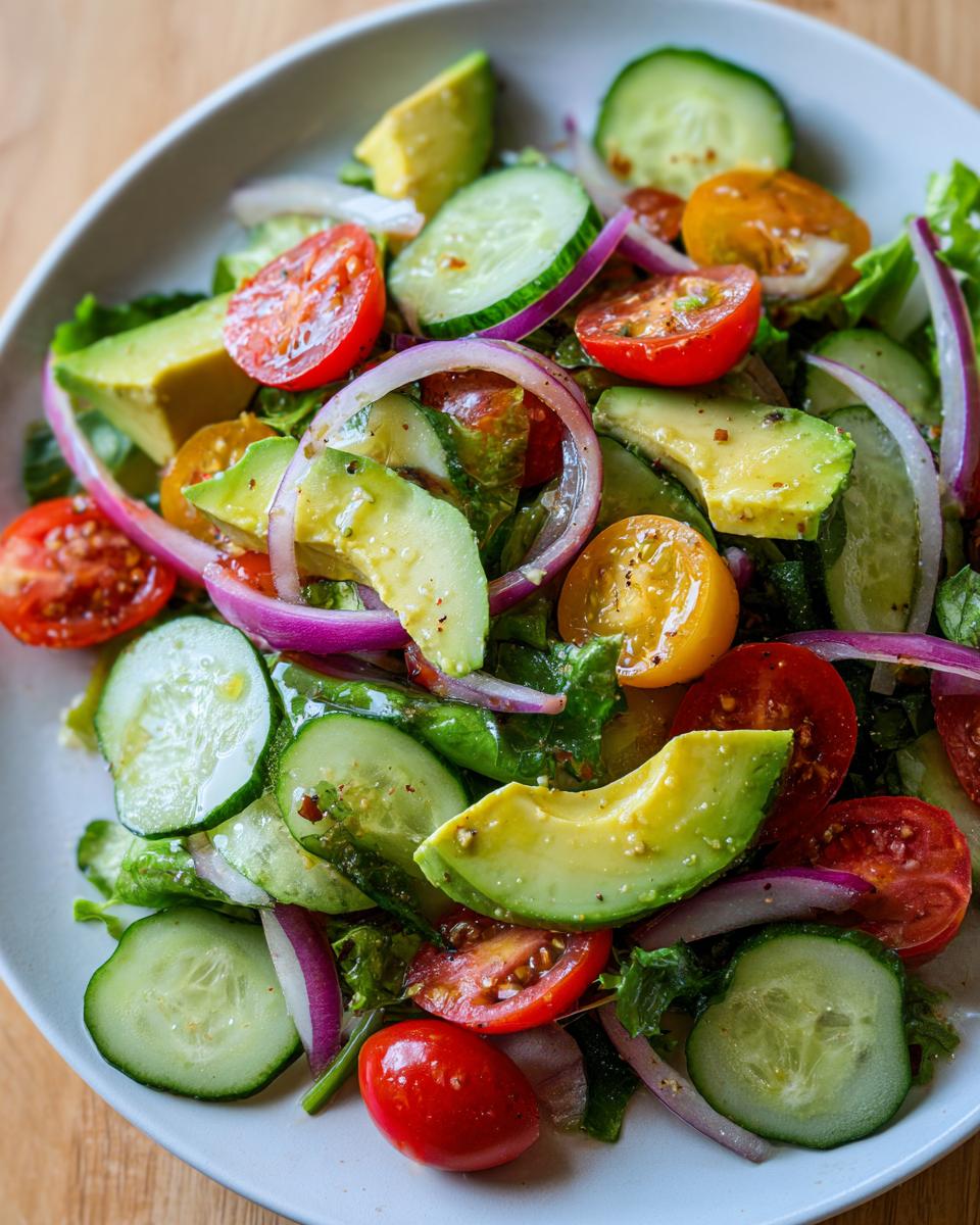 Colorful salad with avocado, cucumber, cherry tomatoes, and red onion on a white plate