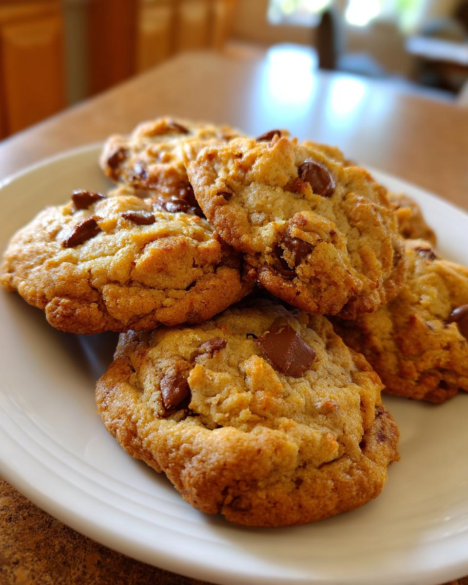 Close-up of freshly baked chocolate chip cookies stacked on a white plate, showcasing texture and chocolate chunks.