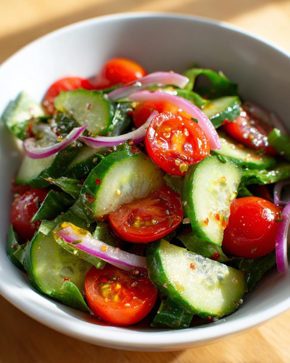 Bowl of fresh cucumber tomato salad with red onion and herbs, perfect spring potluck side dishes