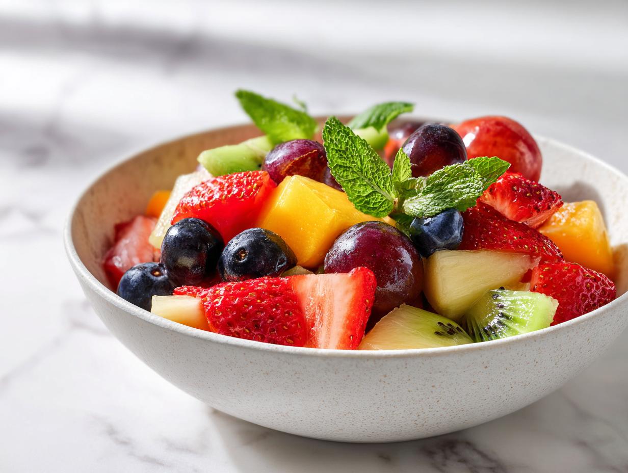 Bowl of fresh fruit salad with strawberries, grapes, kiwi, pineapple, and mint leaves